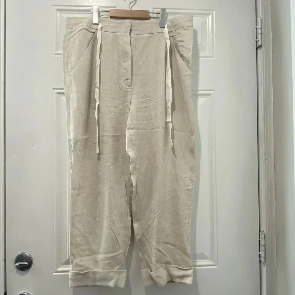 Aritzia Wilfred Allant Ecru Women's Ankle Cuff Pant 12  Buttonfly‎ linen lyocell